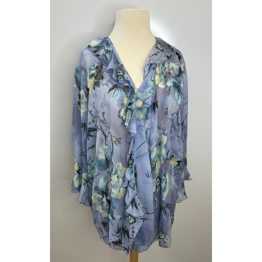 Midnight Velvet 100% Silk Ruffle Wrap Blouse Blue Floral Sheer Top Plus Size 18W - Picture 12 of 13